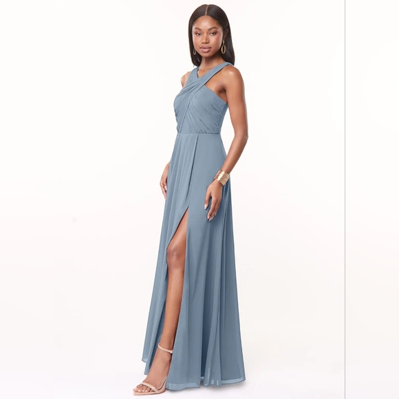 Azazie Brandie Dusty Blue Flowy Pleated Stretch Chiffon Dress - Picture 2 of 7
